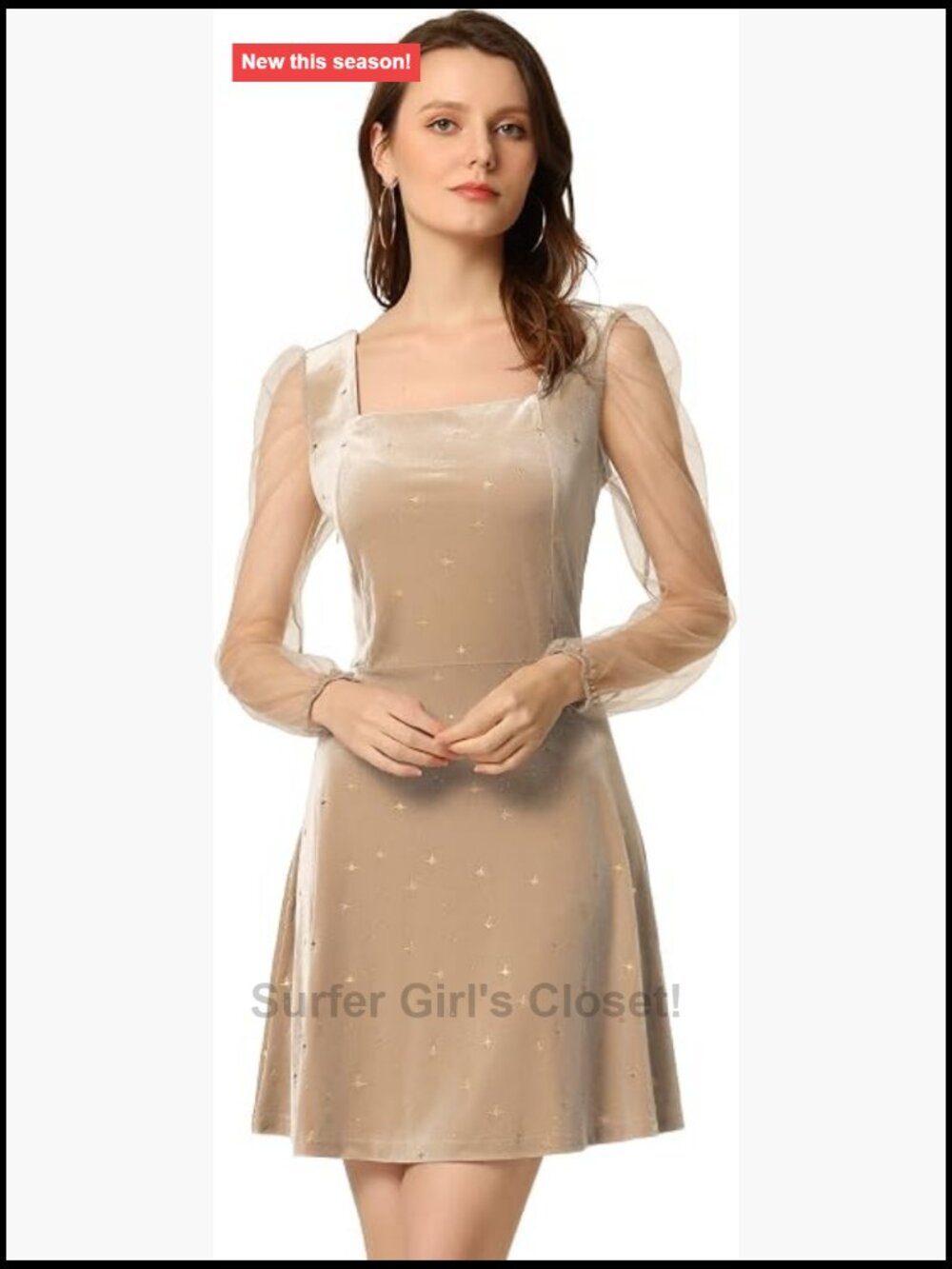 Velvet Glitter Star Puff Sleeve Mini Dress with Sheer Mesh